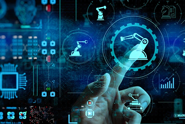 Ein Hologramm mit Industriemaschinen und Diagrammen. Eine Hand tippt auf dieses Hologramm.