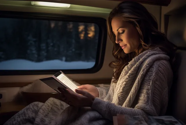 Frau Sitz im Wohnmobil und liest ein Buch mit ihrem Tablet