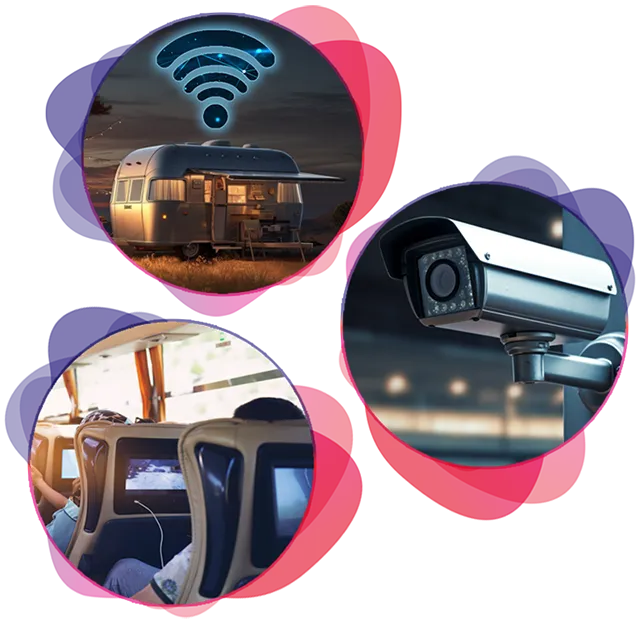 Drei runde Grafiken, die Anwendungsbeispiele des 5G Tarifs zeigen. Darunter ein Wohnmobil mit Internetempfang, eine Videoüberwachungskamera und ein Bus von innen, indem Passagiere Internet nutzen
