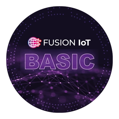 Circular seal labelled FUSION IoT Basic, symbol for one of the FUSION IoT M2M tariffs