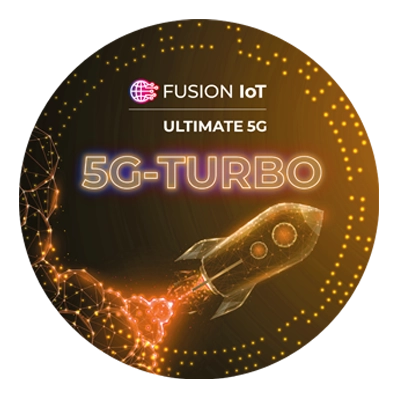 Circular seal with the inscription FUSION IoT Ultimate 5G Turbo, symbol for one of the FUSION IoT M2M tariffs