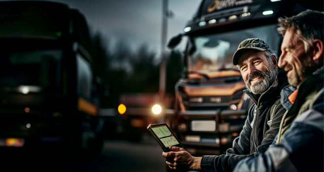 Zwei LKW-Fahrer sitzen gemeinsam neben einem LKW und sehen auf ein Tablet.