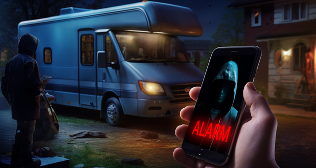 A burglar approaching a mobile home. In the front of the picture, a hand is shown holding a smartphone on which an alarm appears.