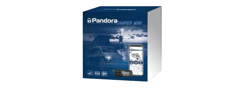 Blue packaging of the Pandora camper alarm system