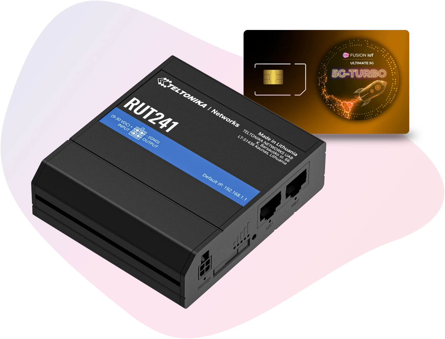 Image of the IoT solution “All-in-One LTE-BACKUP” with the RUT241 router from Teltonika and a FUSION IoT SIM card in front of it