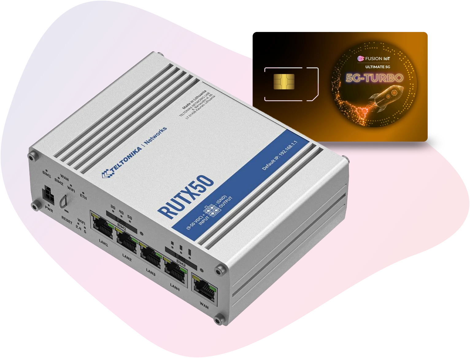 Image of the IoT solution “Mobile 5G Highspeed Internet Package” with the RUTX50 router from Teltonika and a FUSION IoT SIM card in front of it