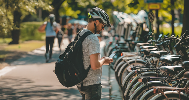 Eine Person mit einem Helm auf dem Kopf und einem Smartphone in der Hand steht vor einer Reihe von Fahrrädern
