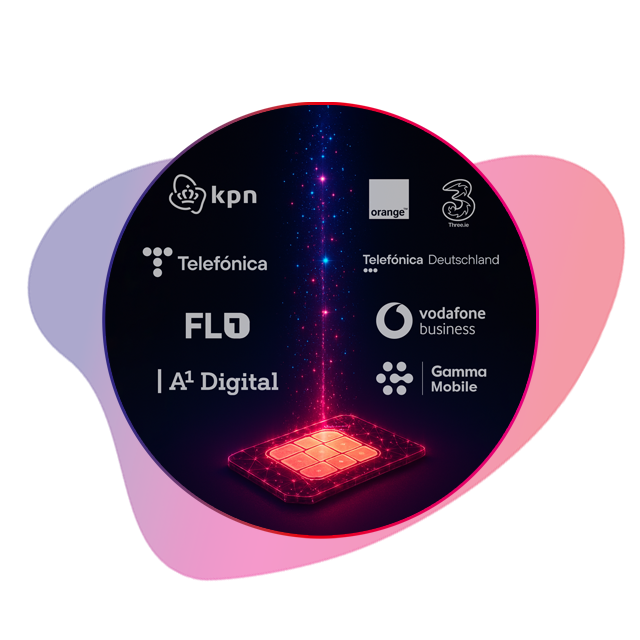 Ein liegender eSIM-Chip mit einem Strahl nach oben bestehend aus leuchtenden Neon Punkten in pink, blau, rot. Um den Strahl erscheinen verschiedene Logos der Netzbetreiber (KPN, o2, Vodafone, FL1, A1 Digital, Gamma Mobile)