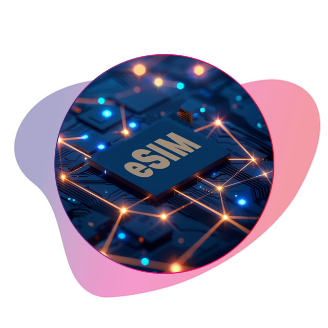 Nahaufnahme eines eSIM-Chips auf einer beleuchteten elektronischen Leiterplatte