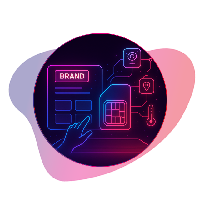Neonfarbene Illustration auf dunklem Hintergrund: Eine Hand bedient ein digitales Dashboard, daneben eine SIM-Karte. Datenverbindungen führen zu Symbolen für Kamera, Standort und Temperatur. Die Grafik symbolisiert Whitelabel-IoT